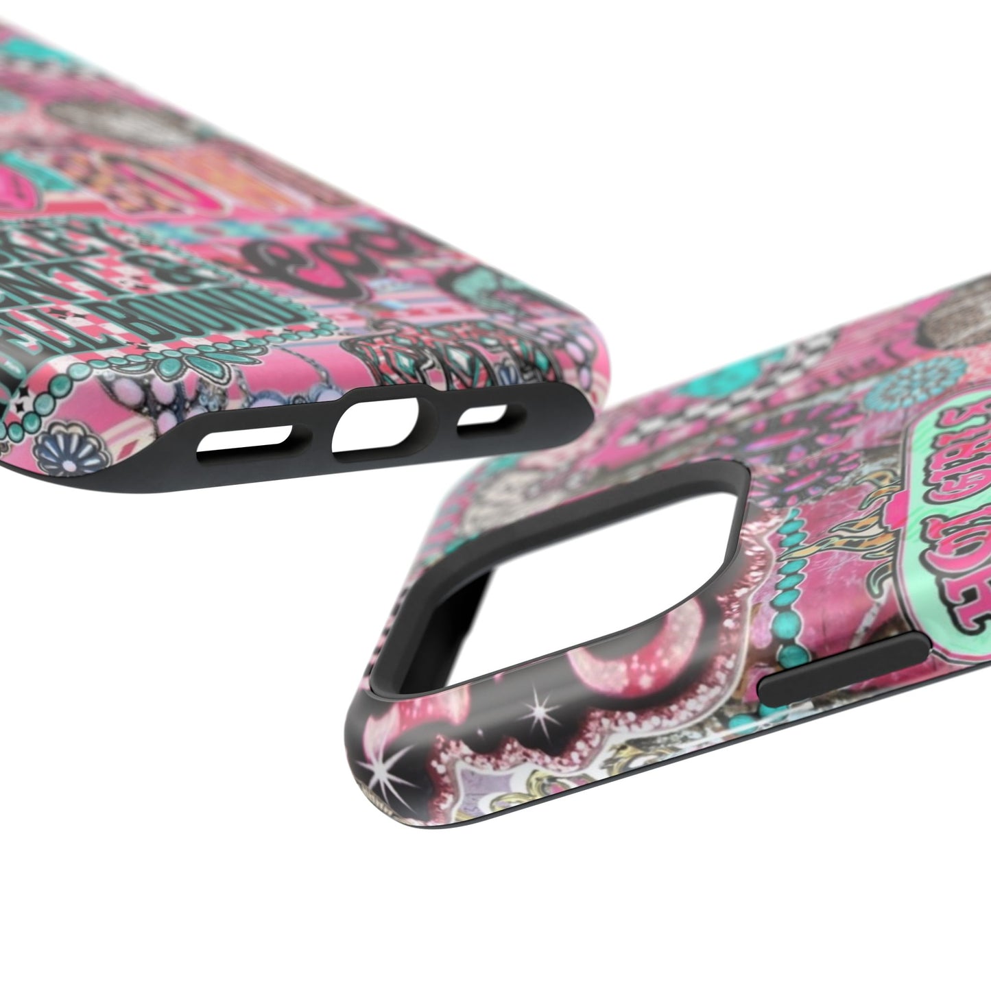 Pink Retro Patchwork Tough Magnetic Phone Case - 'Cowgirl' Sticker Collage