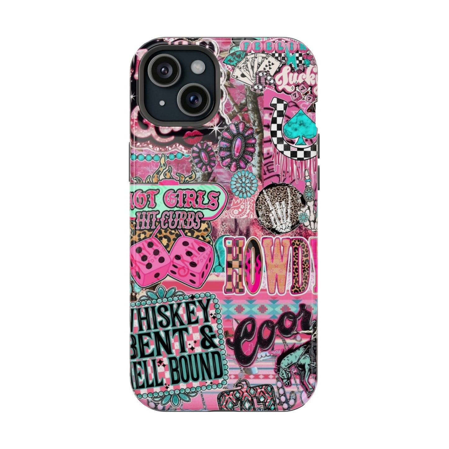 Pink Retro Patchwork Tough Magnetic Phone Case - 'Cowgirl' Sticker Collage