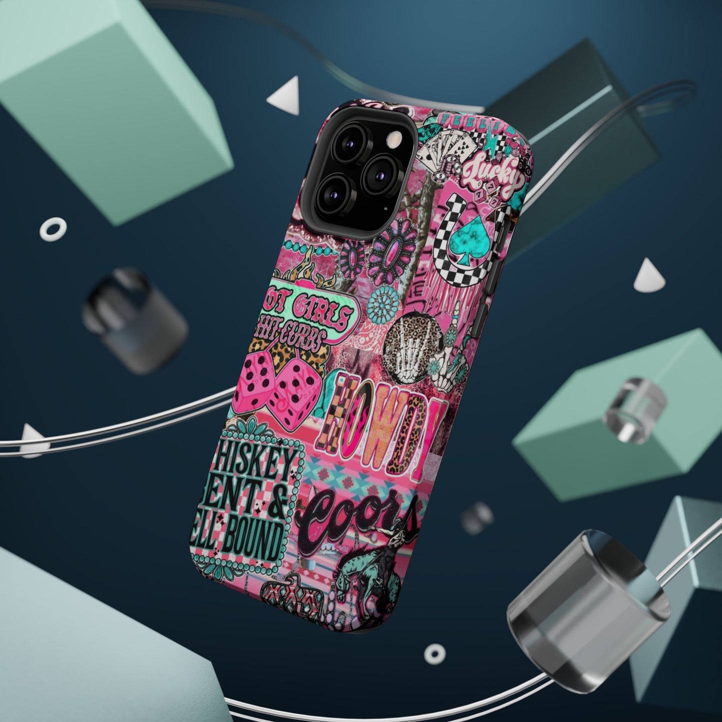 Pink Retro Patchwork Tough Magnetic Phone Case - 'Cowgirl' Sticker Collage