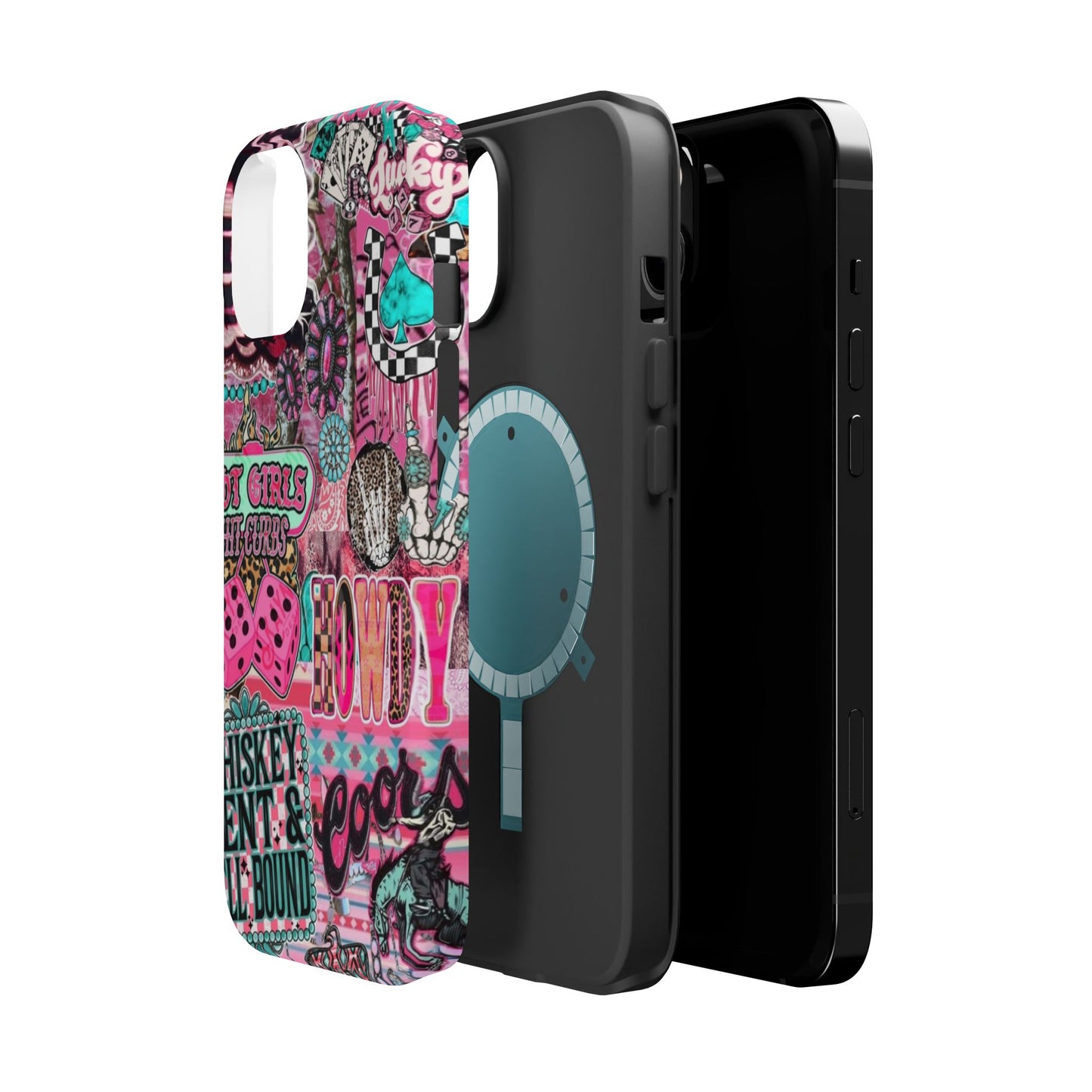 Pink Retro Patchwork Tough Magnetic Phone Case - 'Cowgirl' Sticker Collage