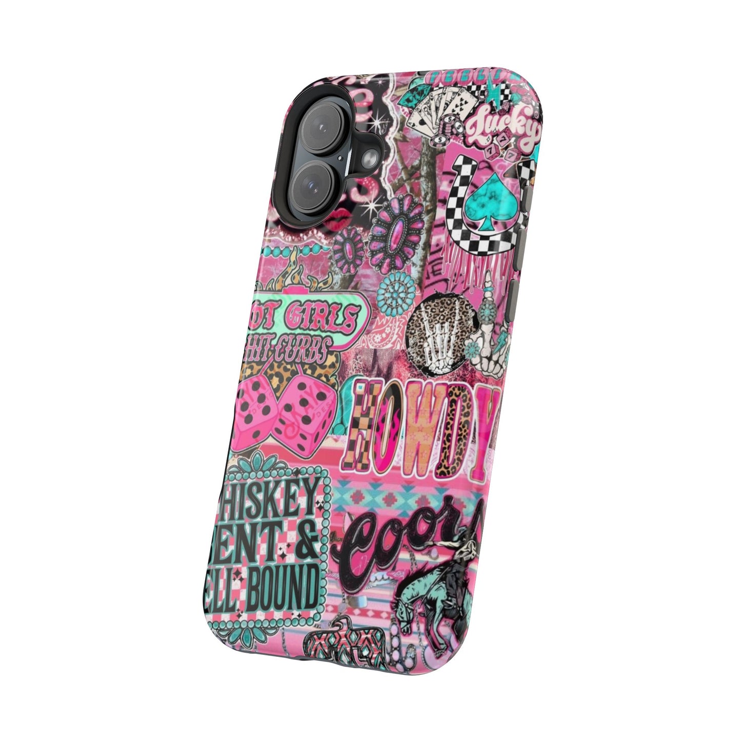 Pink Retro Patchwork Tough Magnetic Phone Case - 'Cowgirl' Sticker Collage