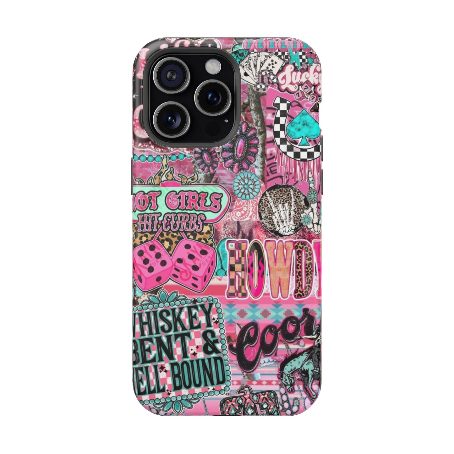 Pink Retro Patchwork Tough Magnetic Phone Case - 'Cowgirl' Sticker Collage