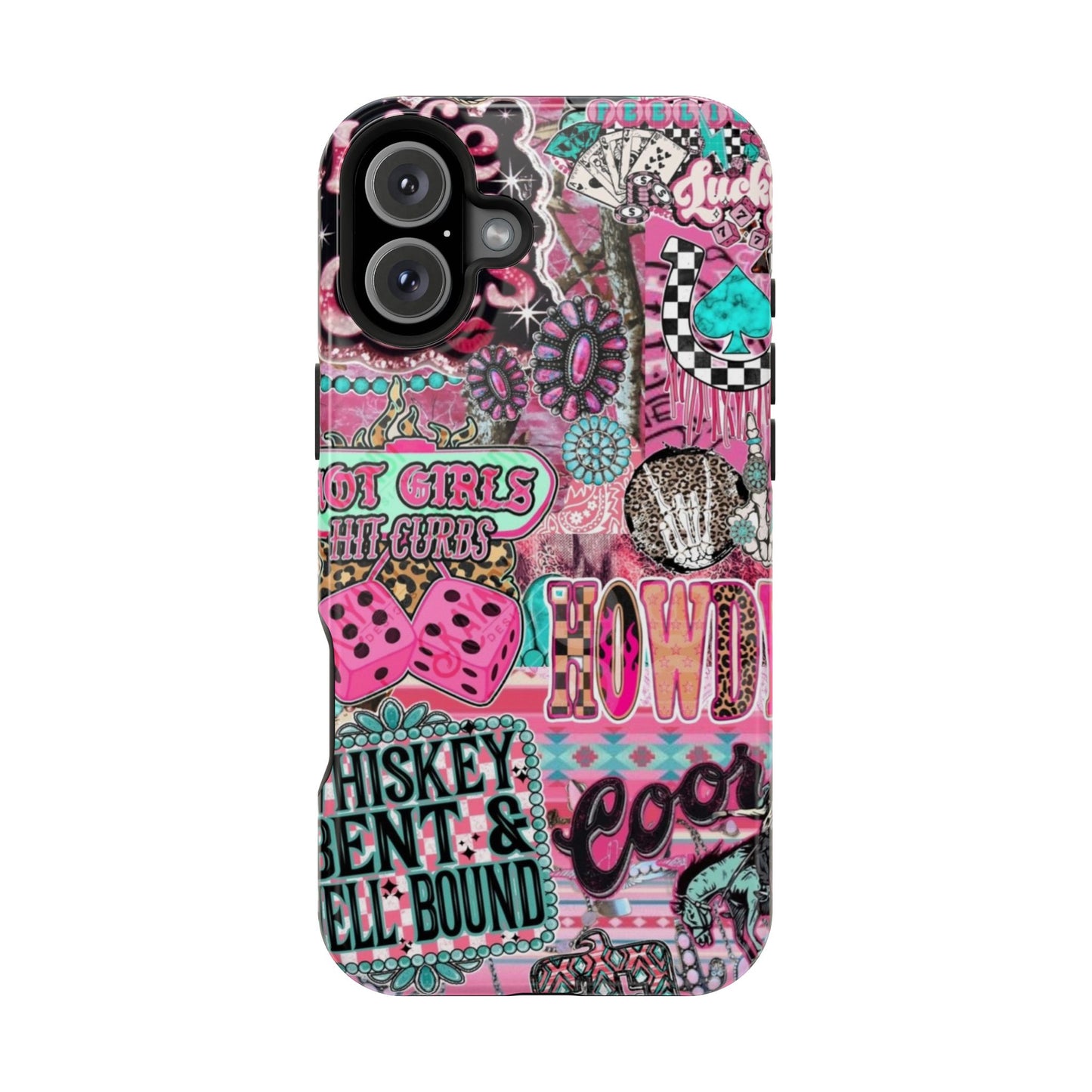 Pink Retro Patchwork Tough Magnetic Phone Case - 'Cowgirl' Sticker Collage