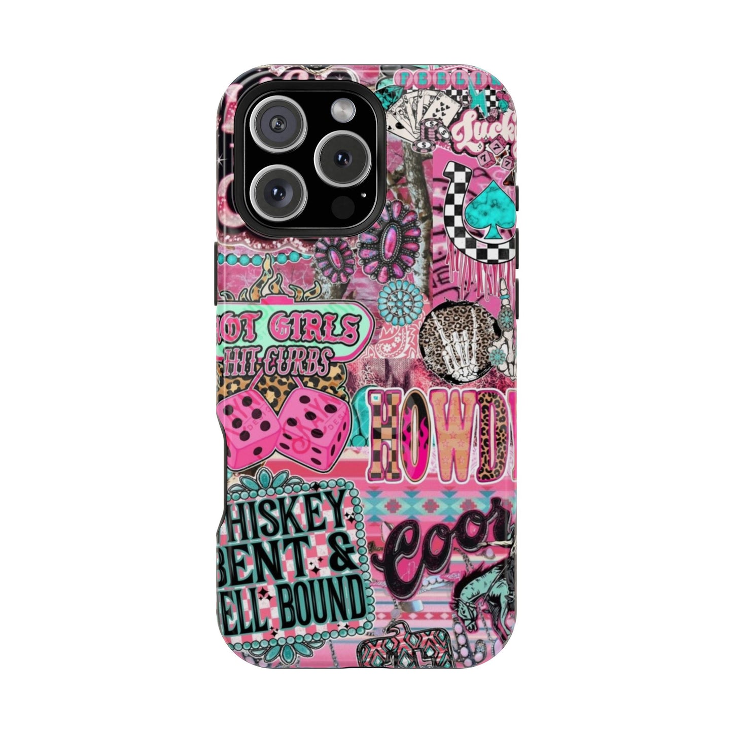 Pink Retro Patchwork Tough Magnetic Phone Case - 'Cowgirl' Sticker Collage