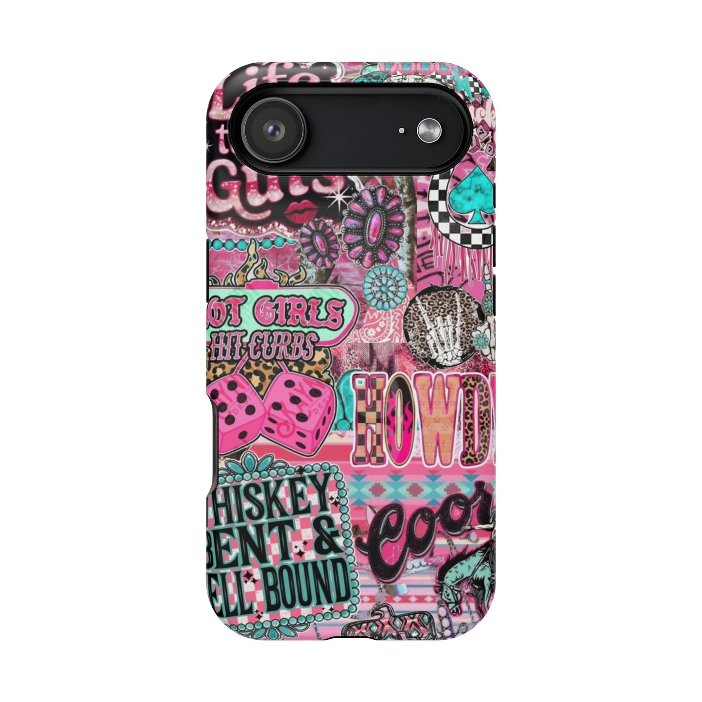 Pink Retro Patchwork Tough Magnetic Phone Case - 'Cowgirl' Sticker Collage