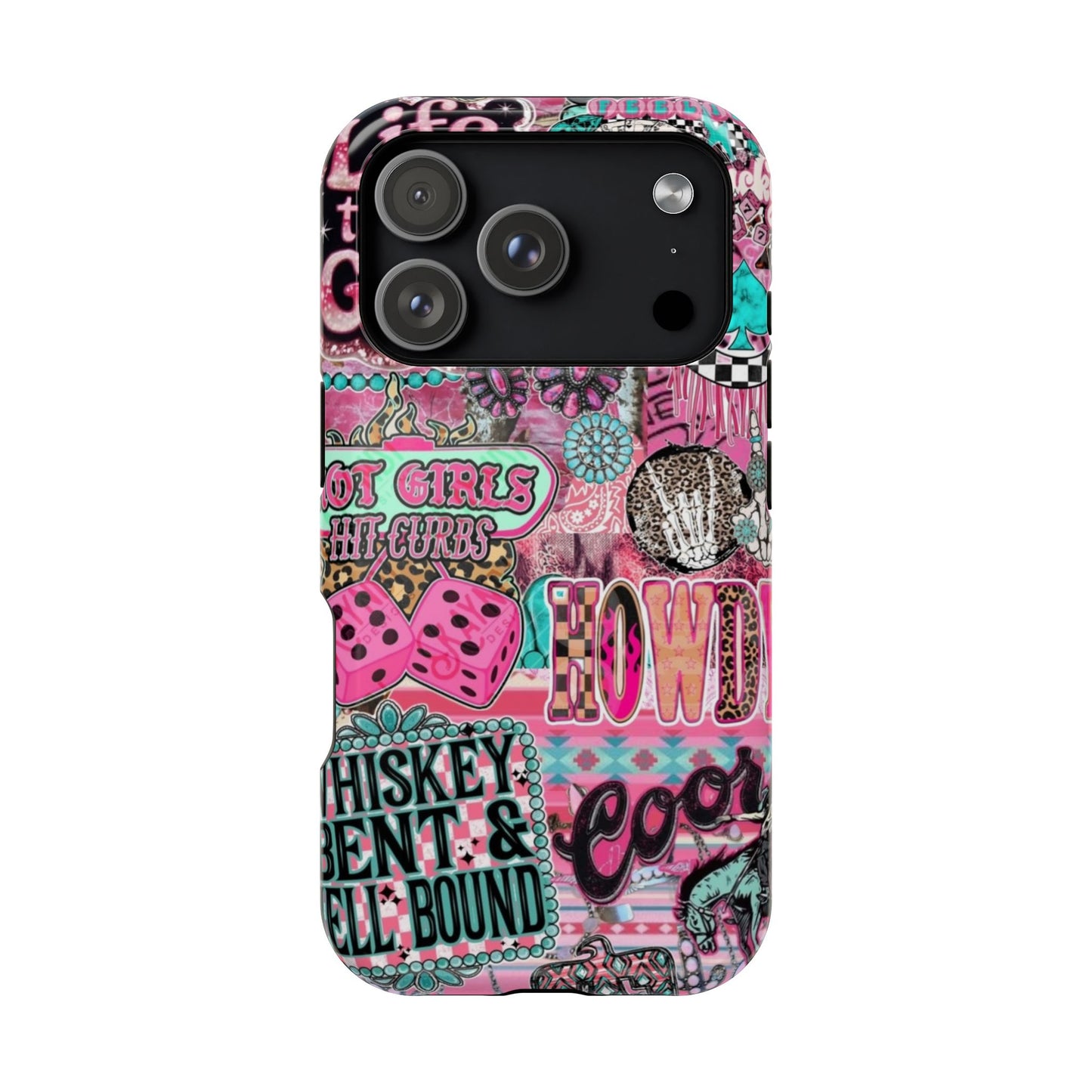 Pink Retro Patchwork Tough Magnetic Phone Case - 'Cowgirl' Sticker Collage