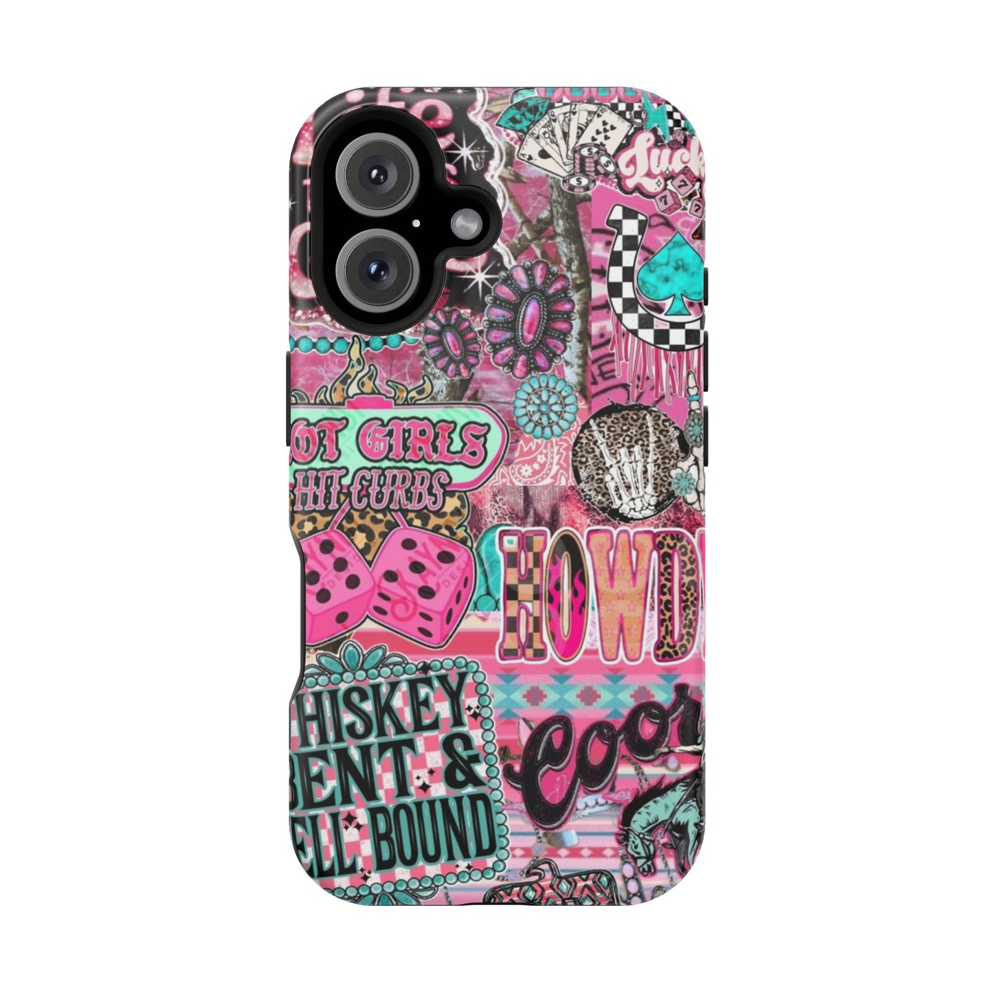 Pink Retro Patchwork Tough Magnetic Phone Case - 'Cowgirl' Sticker Collage