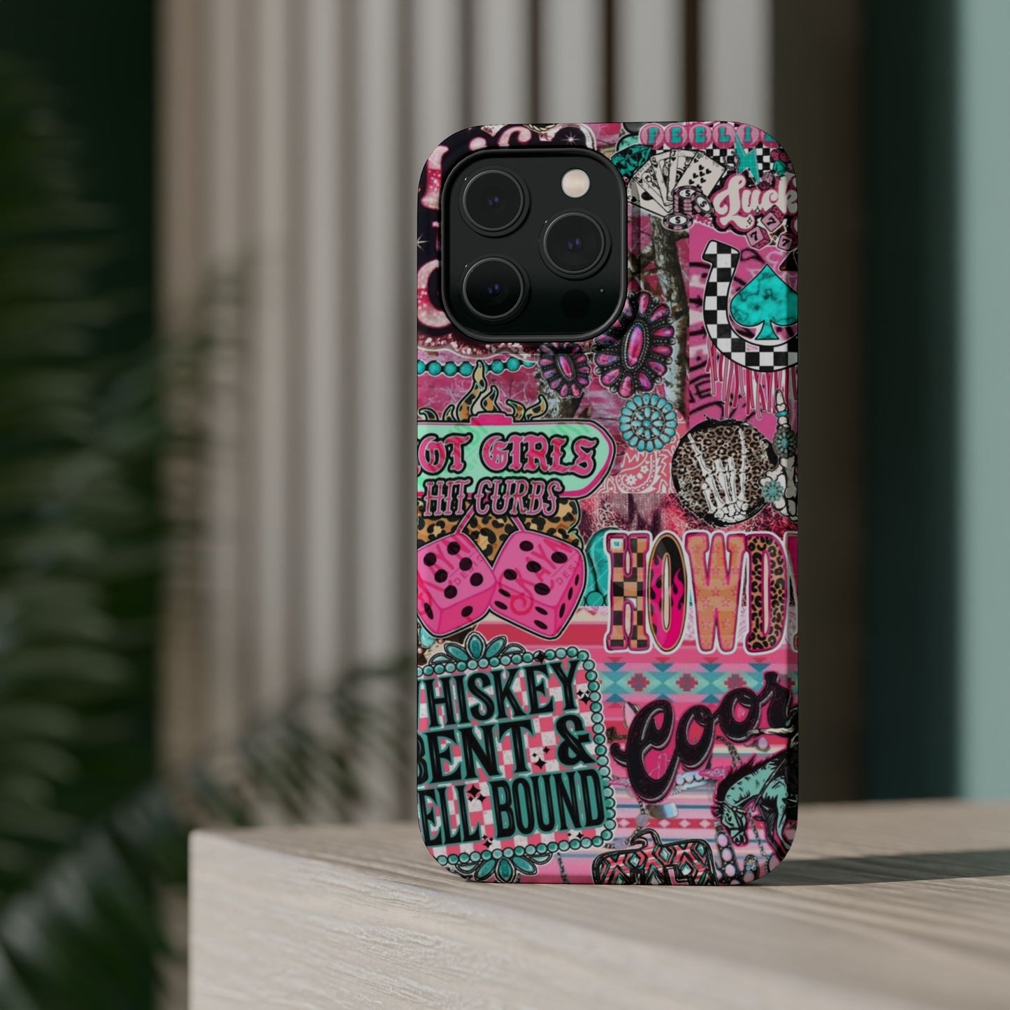 Pink Retro Patchwork Tough Magnetic Phone Case - 'Cowgirl' Sticker Collage