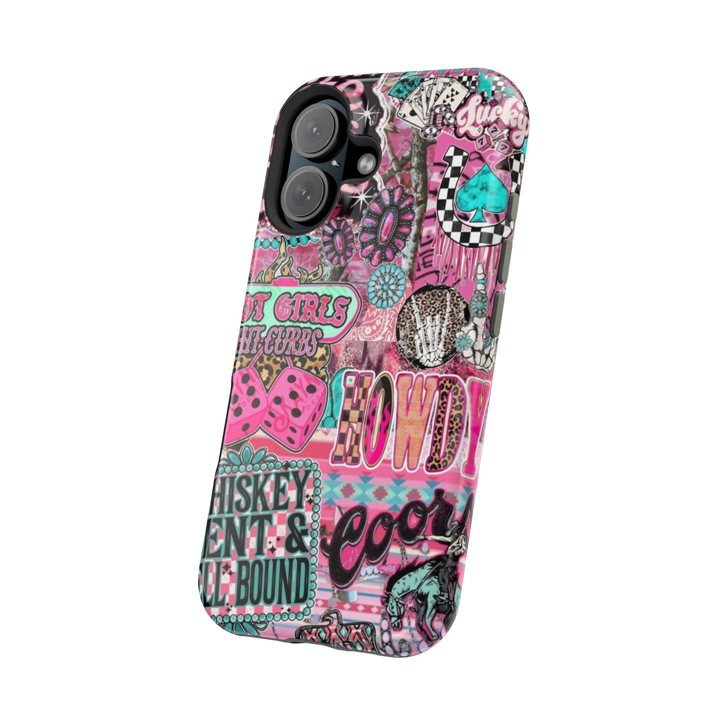 Pink Retro Patchwork Tough Magnetic Phone Case - 'Cowgirl' Sticker Collage