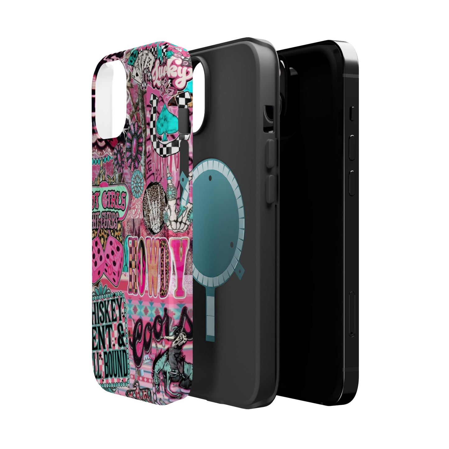 Pink Retro Patchwork Tough Magnetic Phone Case - 'Cowgirl' Sticker Collage