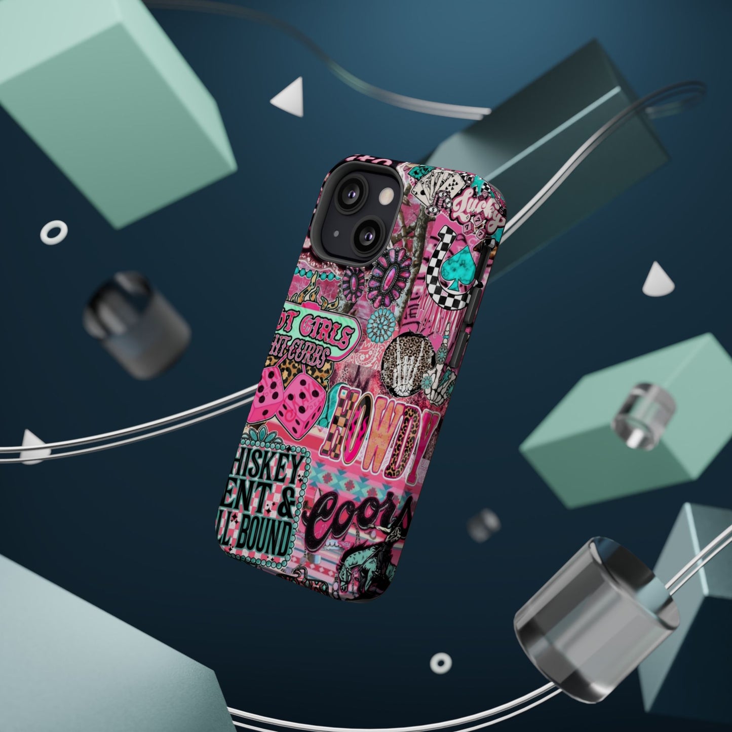 Pink Retro Patchwork Tough Magnetic Phone Case - 'Cowgirl' Sticker Collage