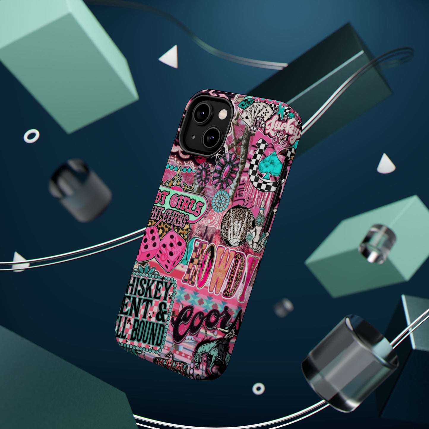 Pink Retro Patchwork Tough Magnetic Phone Case - 'Cowgirl' Sticker Collage