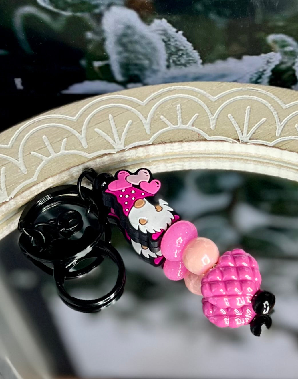 Pink gnome balloon keychain